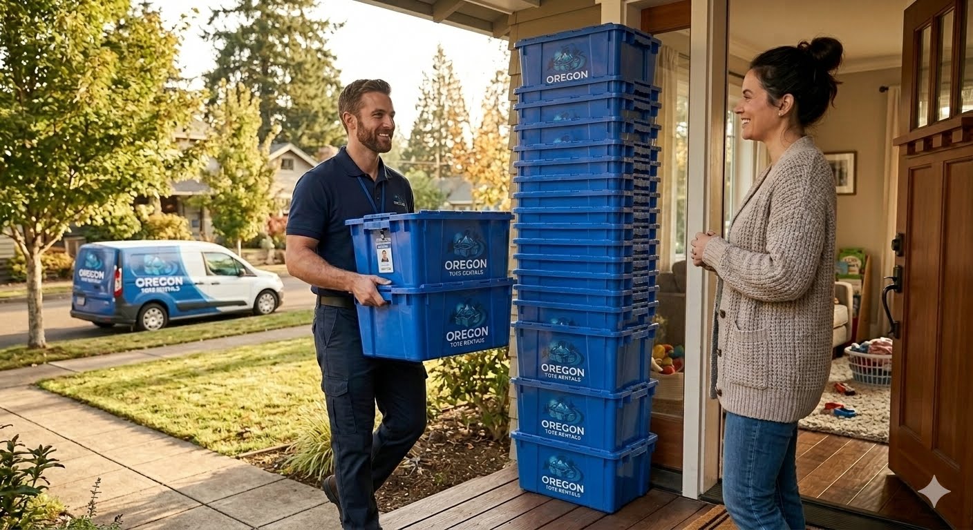 Oregon Tote Rentals driver delivering stacked blue totes to a customer's doorstep