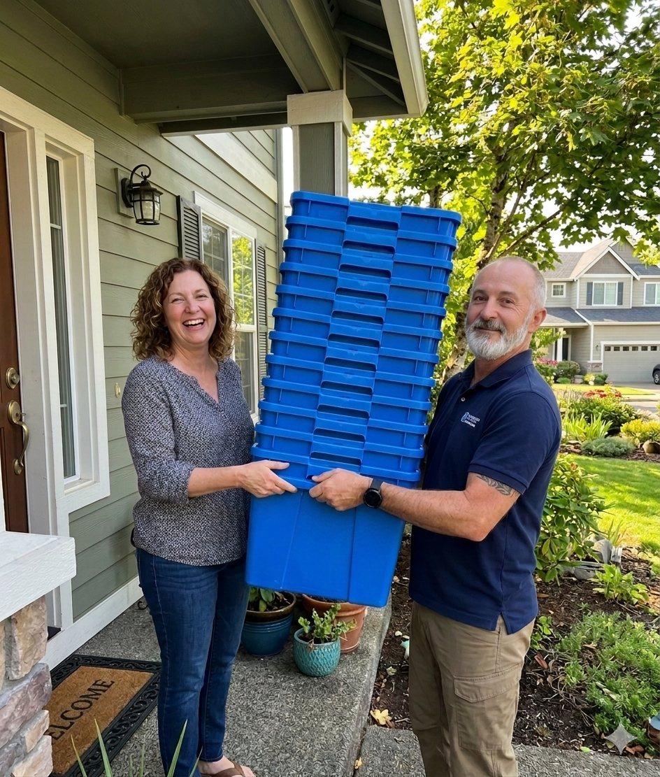 The owners of Oregon Tote Rentals delivering a stack of blue totes